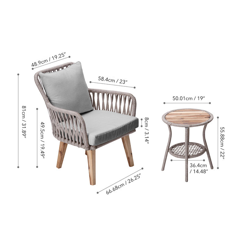 Teamson Home Indoor/Outdoor 3 Piece Wicker Bistro Table and Chairs Patio Seating Set, Tan/Brown