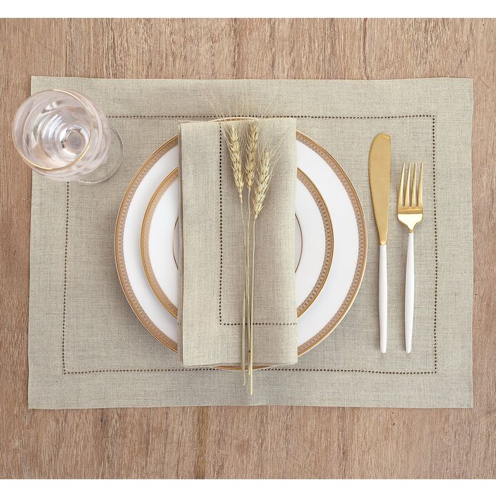 Solino Home 100% Pure Linen Placemats Set of 6 - 14 x 19 Inch | Classic Hemstitch