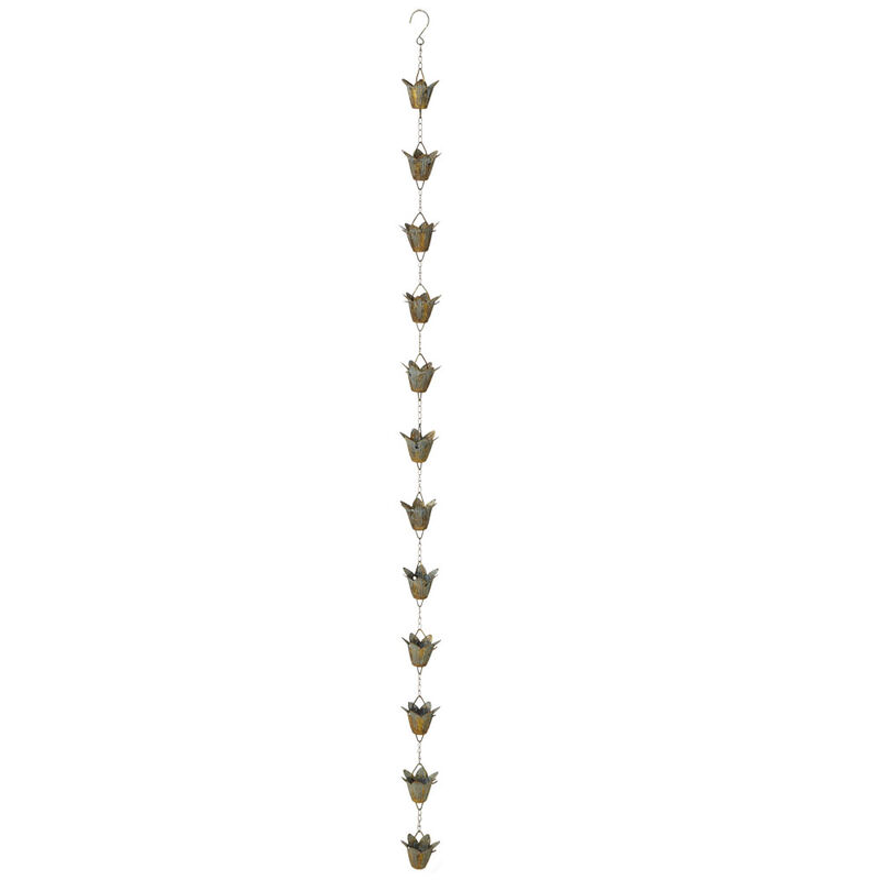 Set of 2 Brown and Teal Rustic Patina Lily Iron Rain Chains 57.5"