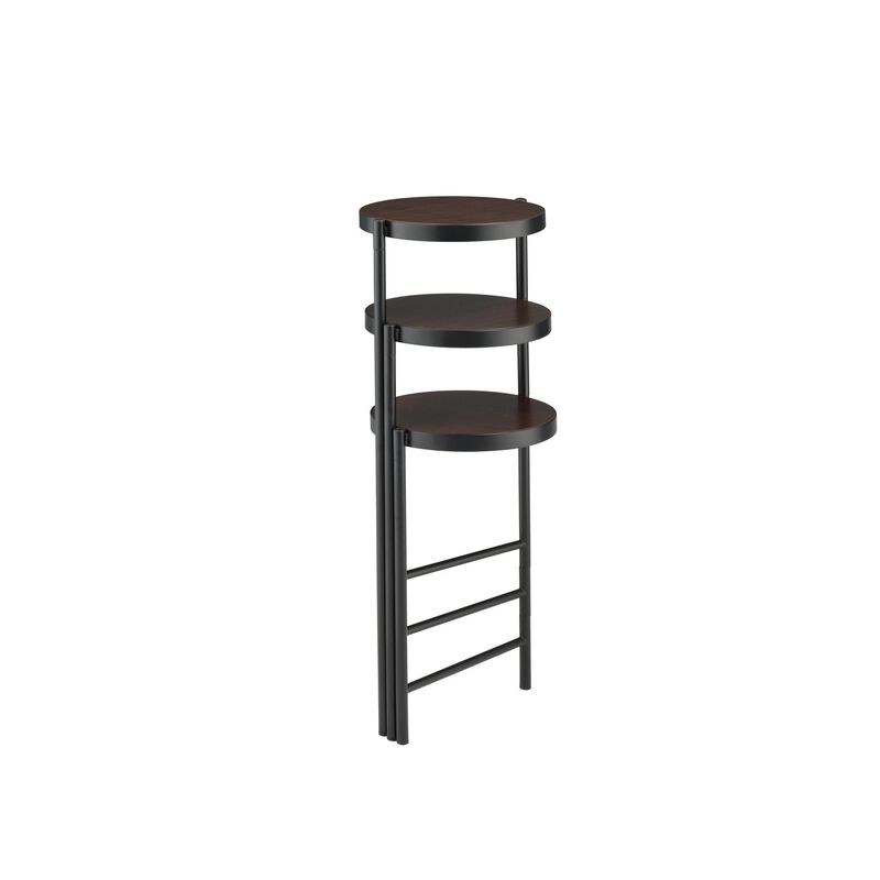 3 Tier Plant Stand with Round Wooden Shelves and Foldable Design, Black-Benzara
