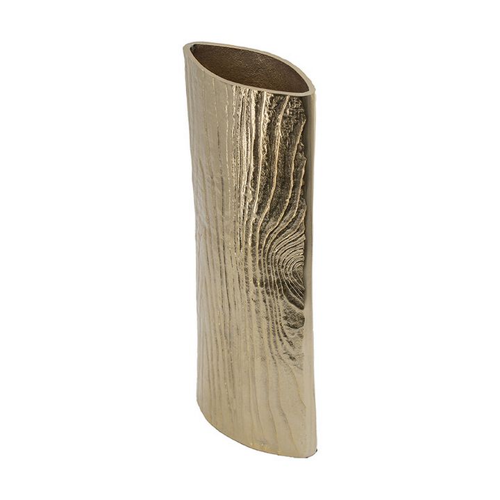 15 Inch Modern Vase, Naturalistic Tree Trunk Texture, Shiny Gold Finish - Benzara