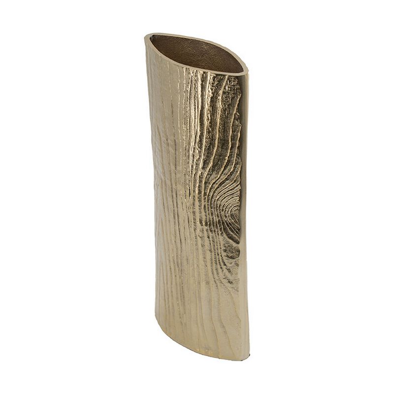 15 Inch Modern Vase, Naturalistic Tree Trunk Texture, Shiny Gold Finish - Benzara
