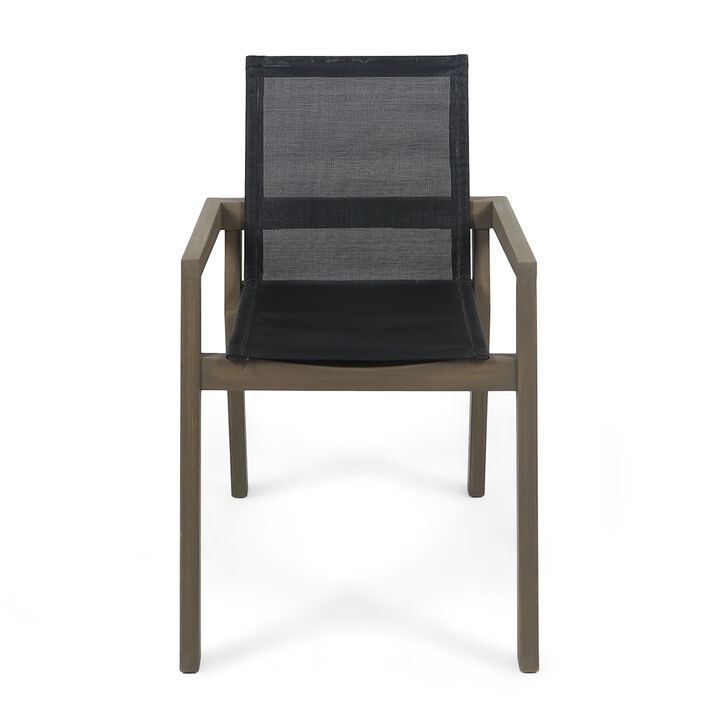 Side Dining Chair Set of 2, Angled Legs, Gray Mesh, Brown Acacia Wood - Benzara