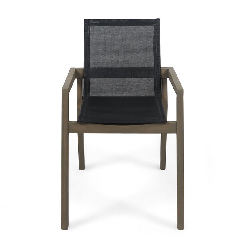 Side Dining Chair Set of 2, Angled Legs, Gray Mesh, Brown Acacia Wood - Benzara