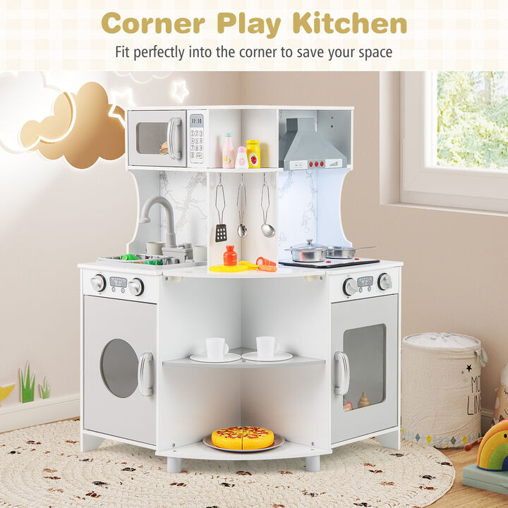 Kids Corner Wooden Play Kitchen with Range Hood and Stoves