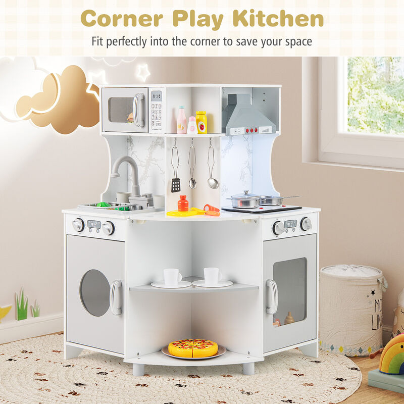 Kids Corner Wooden Play Kitchen with Range Hood and Stoves