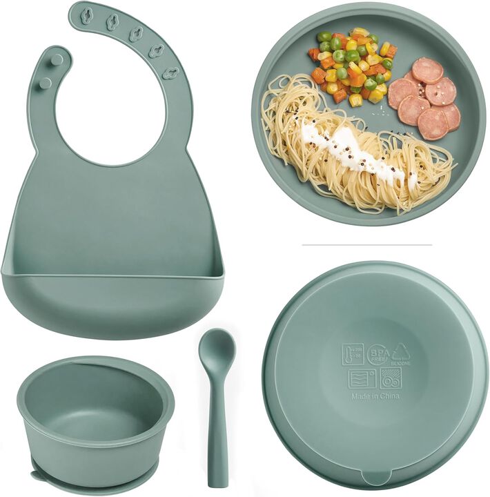 Grey Toddler Plates and Bowls Set with Adjustable Bib