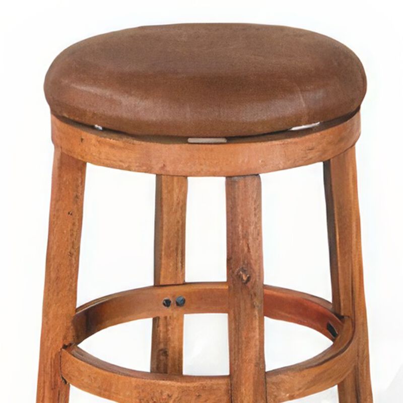 Marv Swivel Counter Stool Set of 2, Brown Faux Leather, Mahogany - Benzara