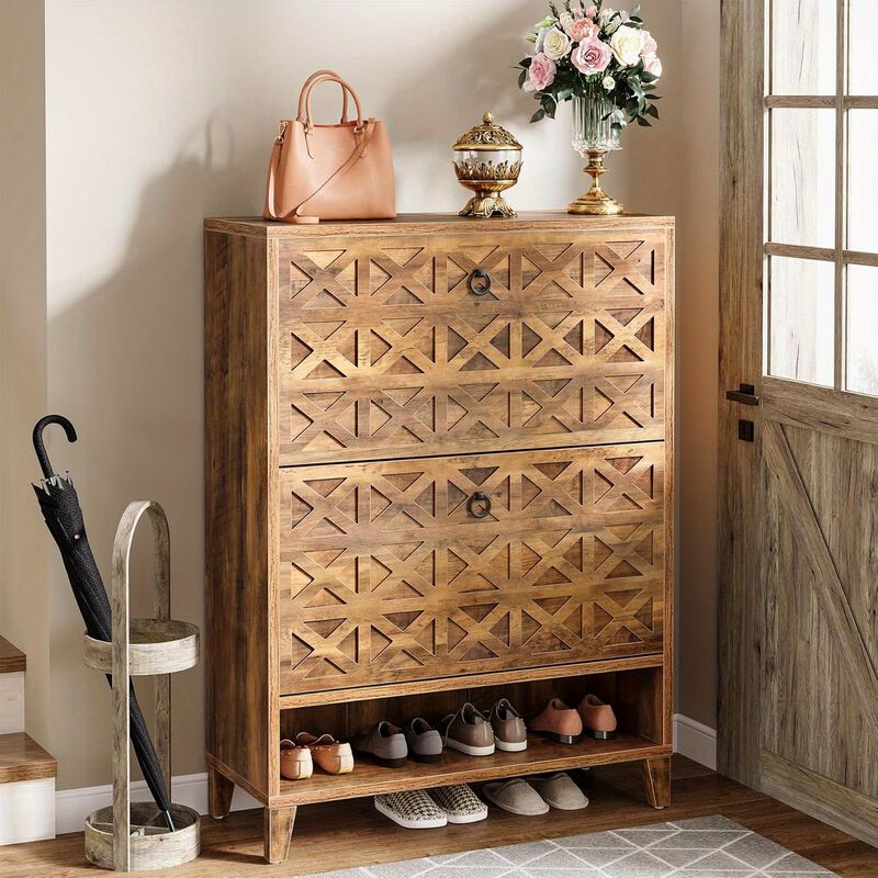 2-Flip Drawer Brown Freestanding Shoe Storage Cabinet, Narrow Entryway Organizer with Adjustable Shelves