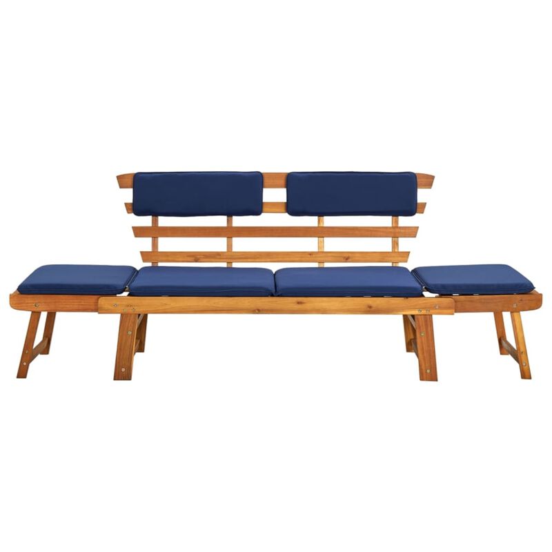 vidaXL Convertible Patio Bench and Day Bed with Blue Cushions - Solid Acacia Wood - Outdoor 2-in-1 Furniture - Garden Deck, Lawn, Backyard Seating, and Lying Comfort