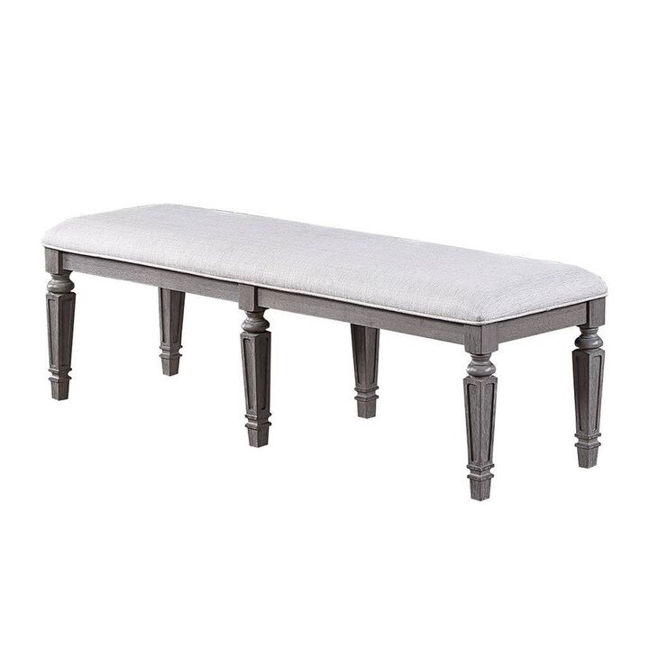 Winie Dining Bench with Turned Legs, 64 Inch Gray Wood and Fabric - Benzara