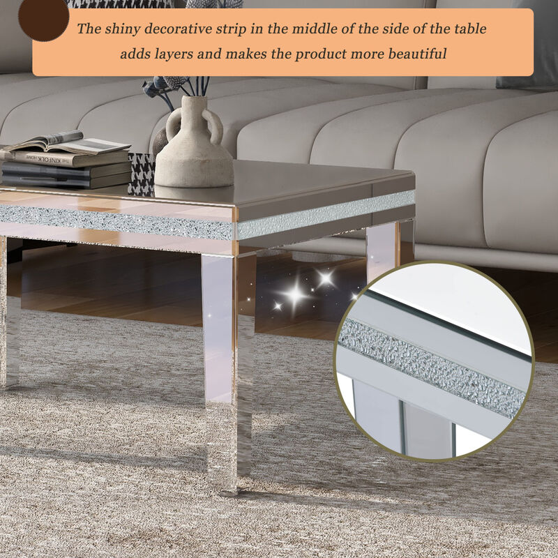 Modern Glass Mirrored Coffee Table with Crystal Design & Height-Adjustable Legs