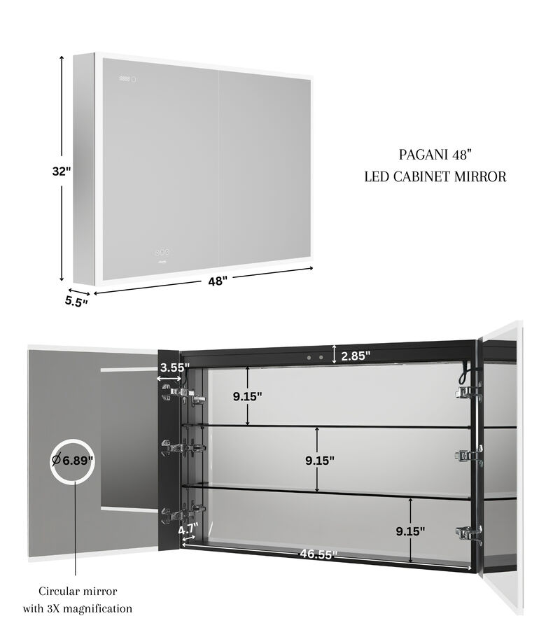 Pagani 48 in. x 32 in. LED Mirror Cabinet with Defogger, Dimmer, Magnifier & USB outlet