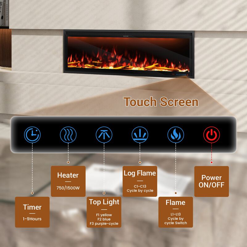 Smart 74” Wall-Mounted Electric Fireplace with Realistic Flame Effects, Dual Heating, and Alexa Compatibility