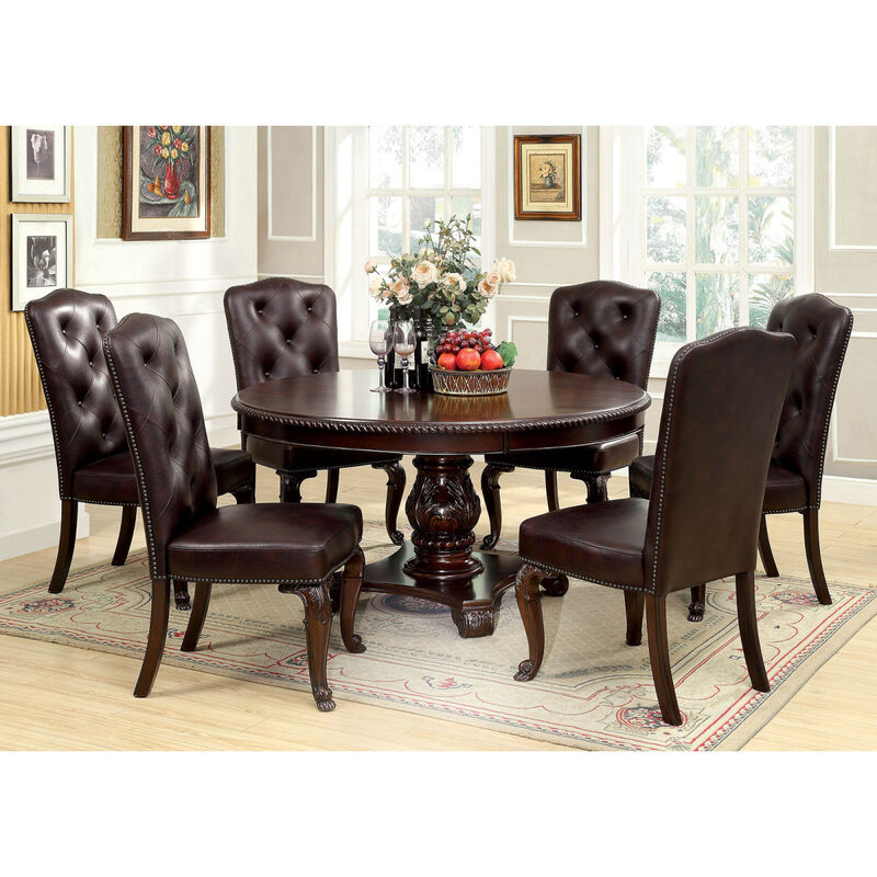 Traditional Formal Set of 2 Side Chairs Brown Cherry Solid wood Chair Padded Leatherette Tufted Upholstered Kitchen Dining Room Furniture