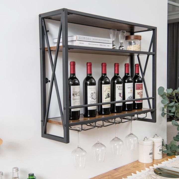 Hivvago 3-Tiers Industrial Wall Mounted Wine Rack with Glass Holder and Metal Frame