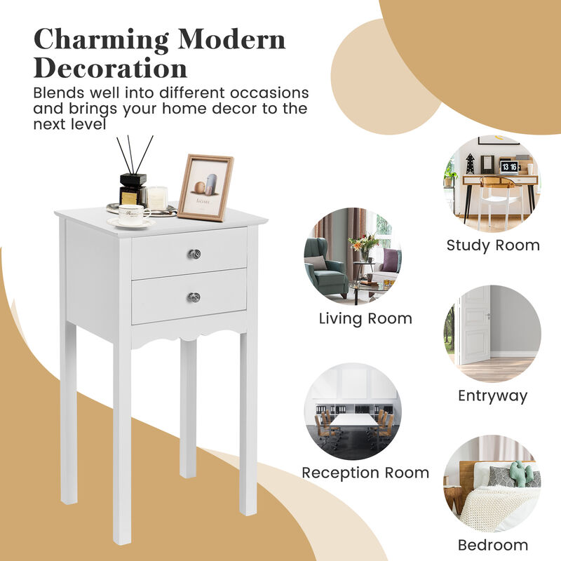 Side Table End Accent Table with 2 Drawers-White