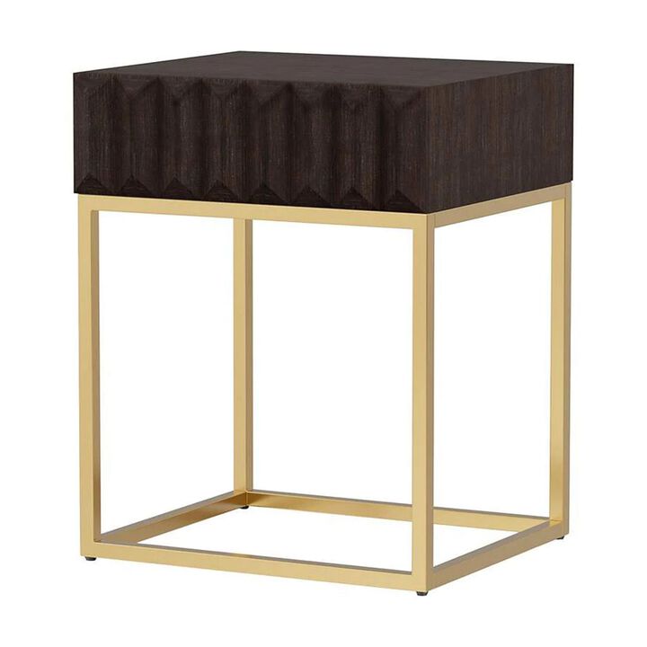 Bran 24 Inch Modern Side End Table, Brown Wood, Gold Steel Base, 1 Drawer-Benzara