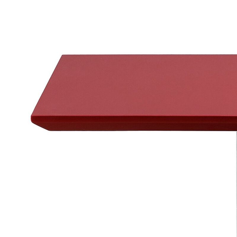 Eva 24 Inch Side End Table, Square Red Lacquer, Crossed Chrome Steel - Benzara