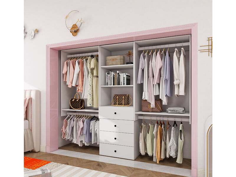 Tall Closet Organizer System, Closet System with 4 Drawers, 4  Clothing Racks， Walk in Closet Organizers and Storage with 3 Shelves Wall Mounted, White Wardrobe Closet for Bedroom