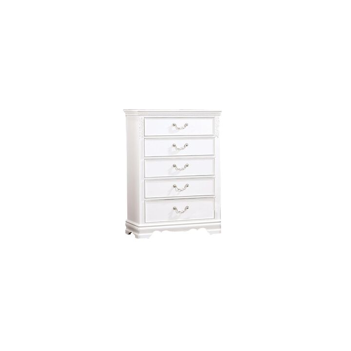 Benjara Aleci 48 Inch Tall Dresser Chest, 5 Drawers, Wood Carved, White and Nickel Benjara Aleci 48 Inch Tall Dresser Chest, 5 Drawers, Wood Carved, White and Nickel