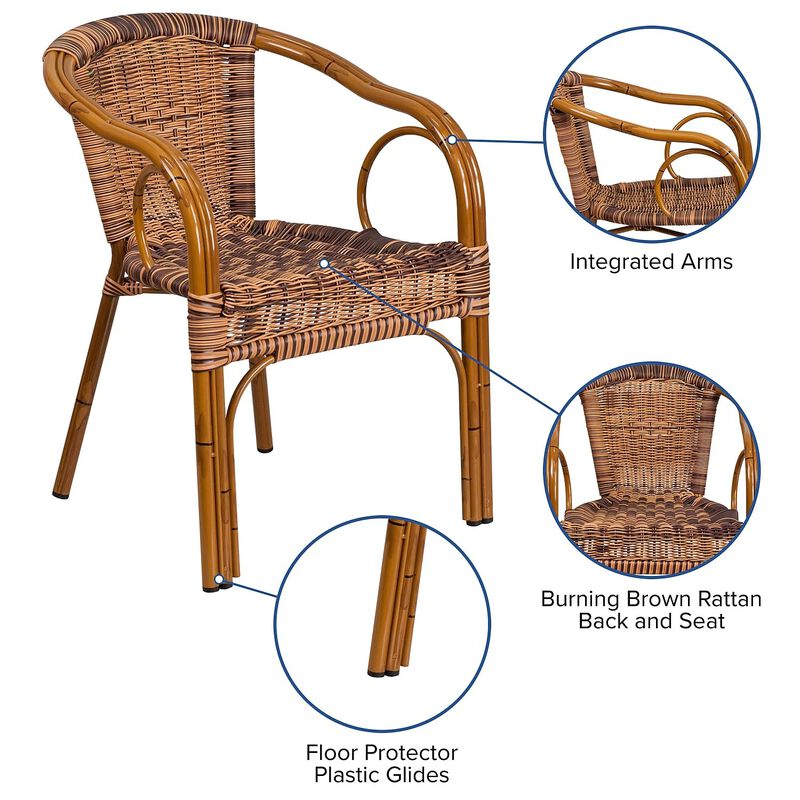 Flash Furniture Cadiz Series Dark Red Bamboo-Aluminum Indoor-Outdoor Restaurant-Patio Chair with Burning Brown Rattan