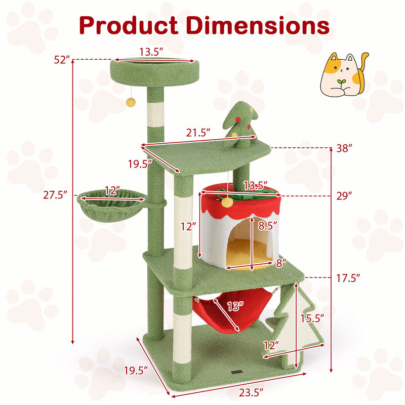 Cute Christmas Cat Tree with Sisal Scratching Posts and Gift Box Shaped Condo