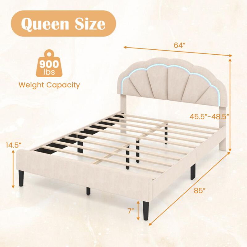 Hivvago Upholstered LED Bed Frame with Adjustable Flower Headboard and Metal Support Feet