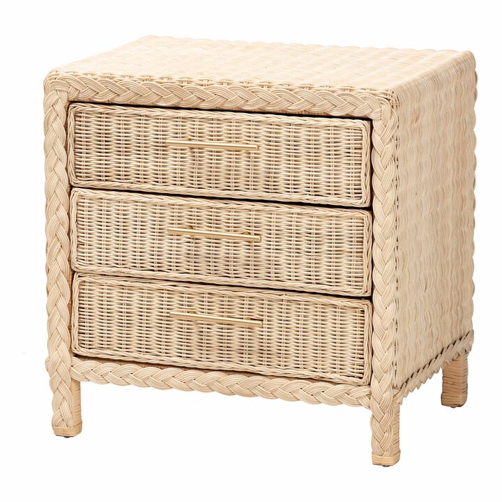 bali & pari Lanica Japandi Sun Bleached Rattan 3 Drawer Nightstand