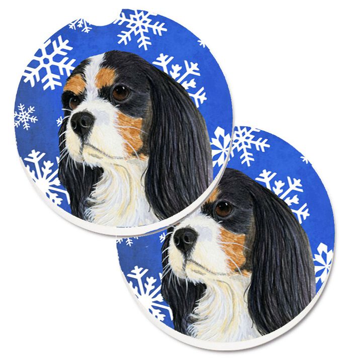 Caroline's Treasures Cavalier Spaniel Winter Snowflakes Holiday Set of 2 Cup Holder Car Coasters LH9279CARC, 2.56, Multicolor