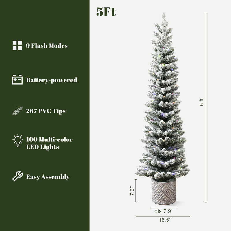 LuxenHome 5Ft Flocked Artificial Tree Potted with Multi-Color Lights