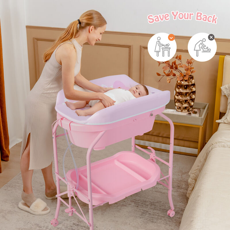 Folding Baby Changing Table with Bathtub and 4 Universal Wheels