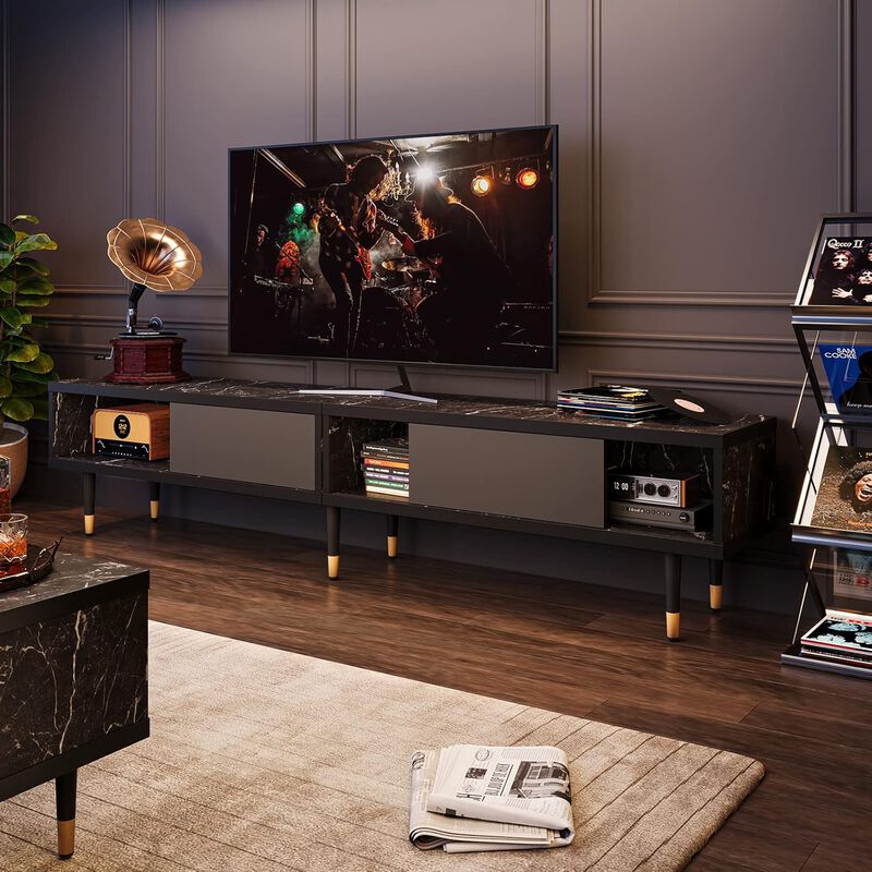 2 in 1 Long TV Cabinet for Living Room for 85 inch tv,Black Marble
