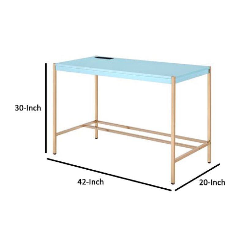 Writing Desk with USB Dock and Metal Legs, Sky Blue and Gold-Benzara