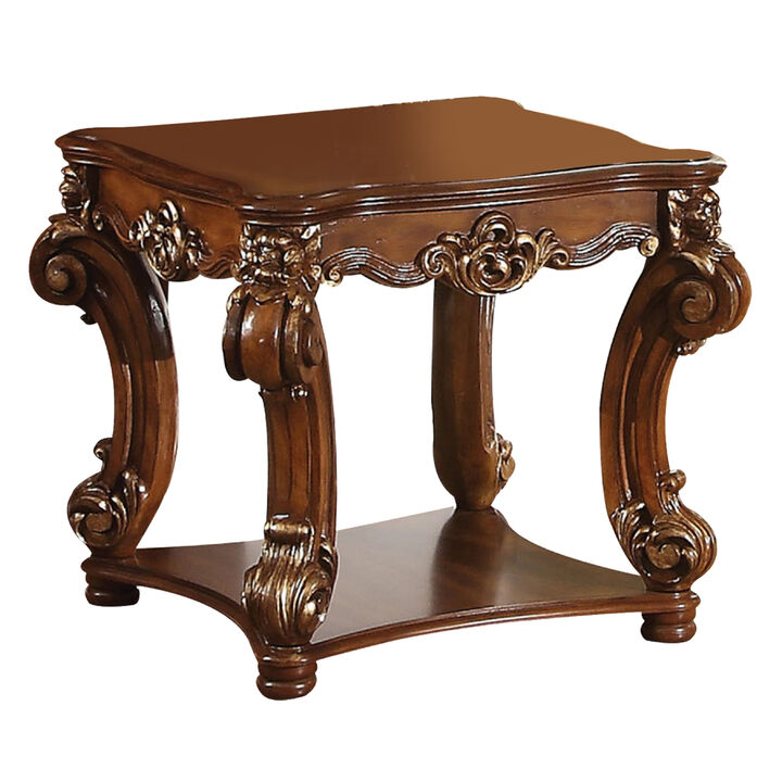 Square Top End Table With Scrolled Leg And Bottom Shelf, Cherry Brown-Benzara