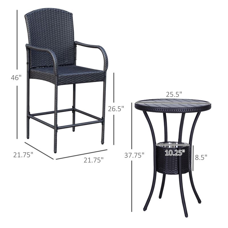Alfresco Bar Trio: 3PC Rattan Wicker Set with Ice Buckets, Table & Stools