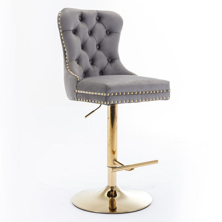 Gray Velvet Swivel Bar Stools, Set of 2