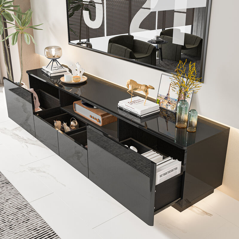 Black Mirror Finished Wood TV Stand, Entertainment Center, TV Console for TVs up to 75 in. with 4-Drawers, 1-Shelf Light
