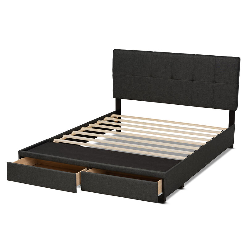 Baxton Studio Netti Dark Grey Fabric Upholstered 2 Drawer Queen Size Platform Storage Bed