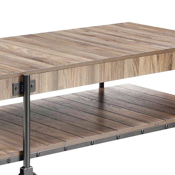 Loak 47 Inch Coffee Table, Brown Plank Top, Bottom Shelf, Wheels, Black - Benzara