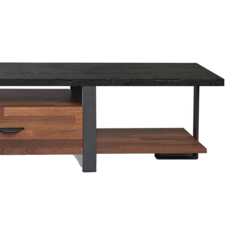 Metal Framed Wooden TV Stand Straight with Two Drawers and Open Shelf, Black and Brown-Benzara