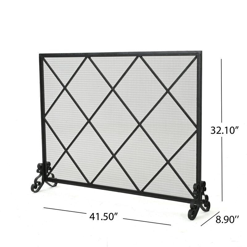 Fireplace Screen, Classic Diamond Shape with Mesh, 41x32 Black Finish -Benzara
