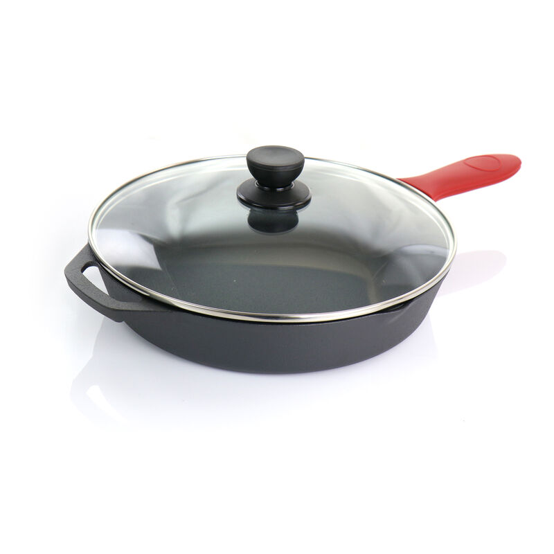 MegaChef Pre-Seasoned 9 Piece Cast Iron Skillet Set with Lids and Red Silicone Holder