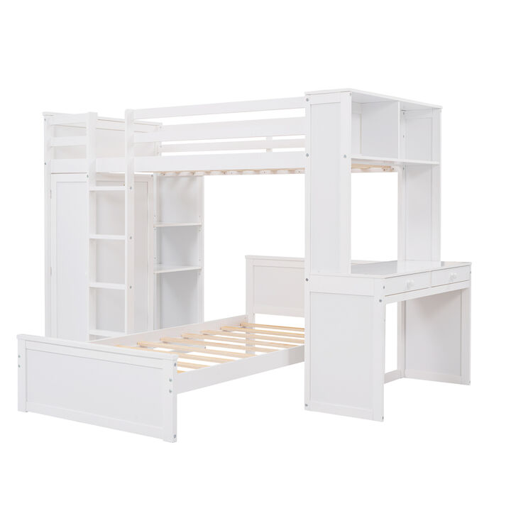 Twin Size Loft Bed With A Stand-Alone Bed, Shelves, Desk, And Wardrobe