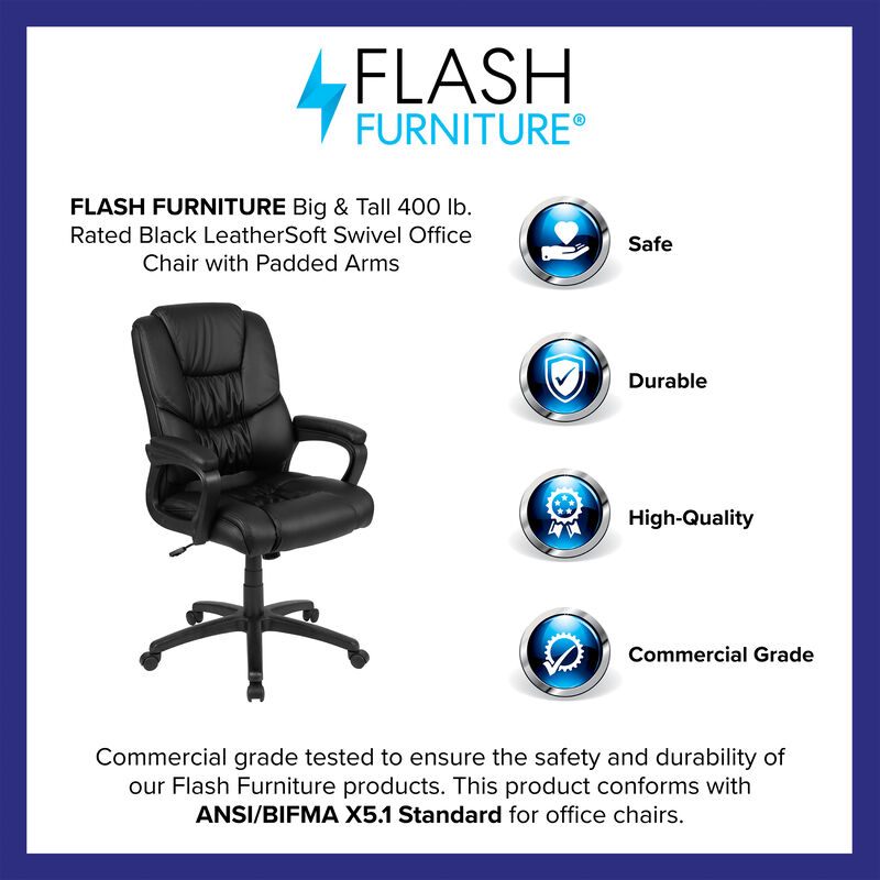 Flash Fundamentals Big & Tall 400 lb. Rated Black LeatherSoft Swivel Office Chair with Padded Arms