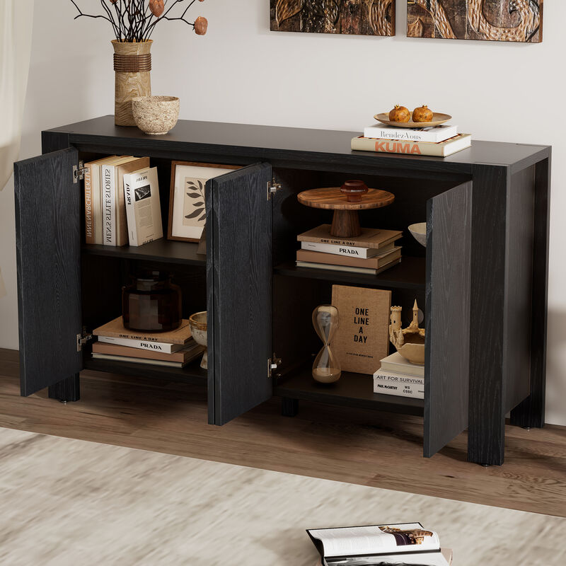 Clihome Buffet Cabinet with Storage, 4-Door Retro Wood Sideboard with Distressed Finish and Adjustable Shelves for Dining Room, Kitchen, and Living Room (Black)