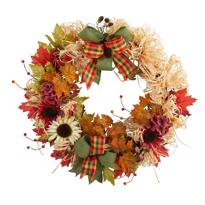 Nearly Natural 30-in Harvest Autumn Sunflower, Maple Leaves and Berries Artificial Fall Wreath with Decorative Bows