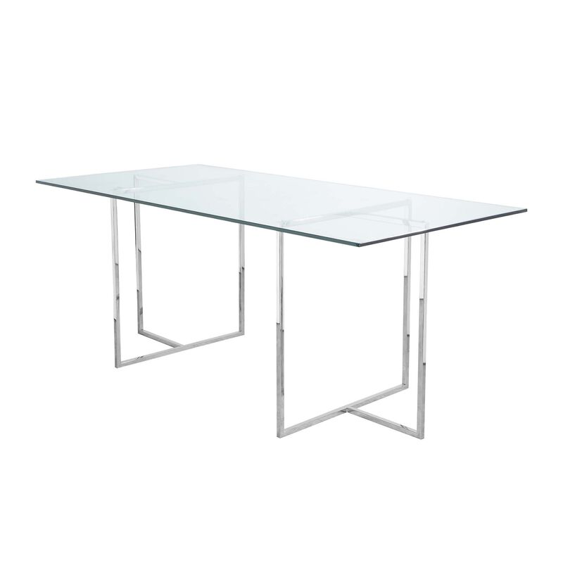 Nisa 71 Inch Dining Table, Tempered Glass Rectangular Top, Chrome Metal - Benzara