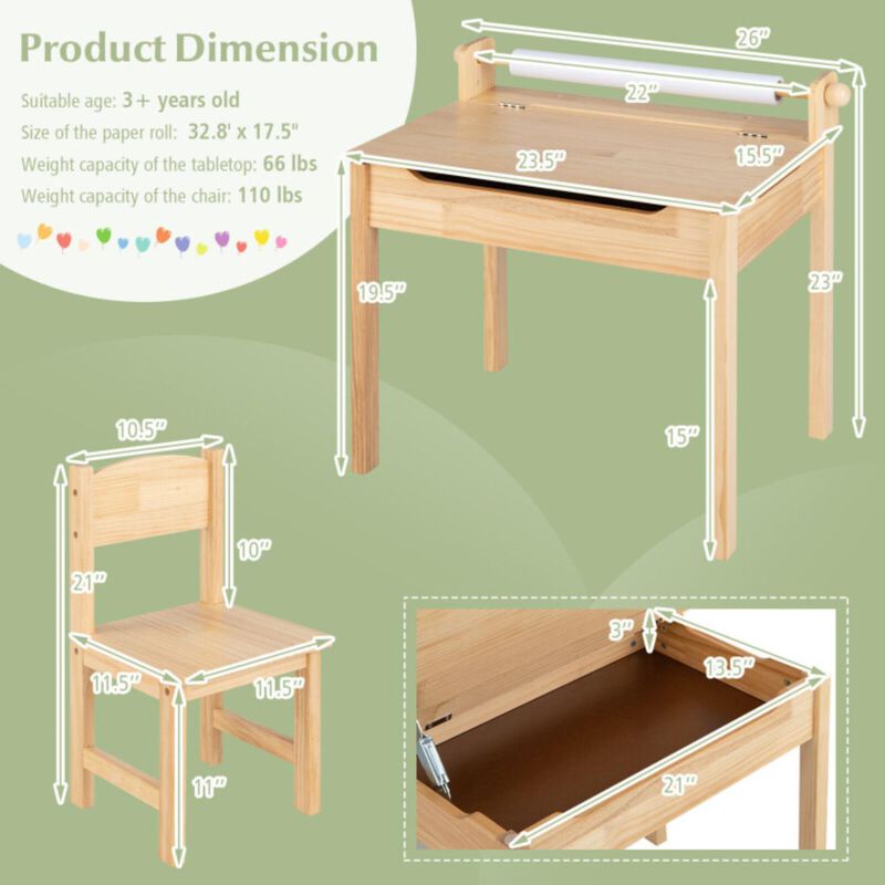 Hivvago Toddler Multifunctional Activity Table and Chair Set with Paper Roll Holder-Natural
