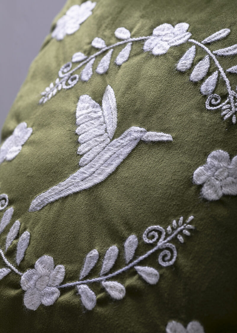 COLIBRÍ Hand Embroidered Decorative Pillows in Olive Green Velvet by ANDEAN, Set of 2, In Stock